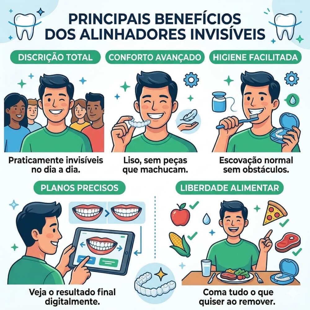 Infográfico sobre os benefícios dos alinhadores invisíveis na Ferdinand Odontologia (Tijuca): discrição total, conforto sem peças que machucam, higiene fácil, planejamento digital dos resultados e liberdade para comer de tudo
