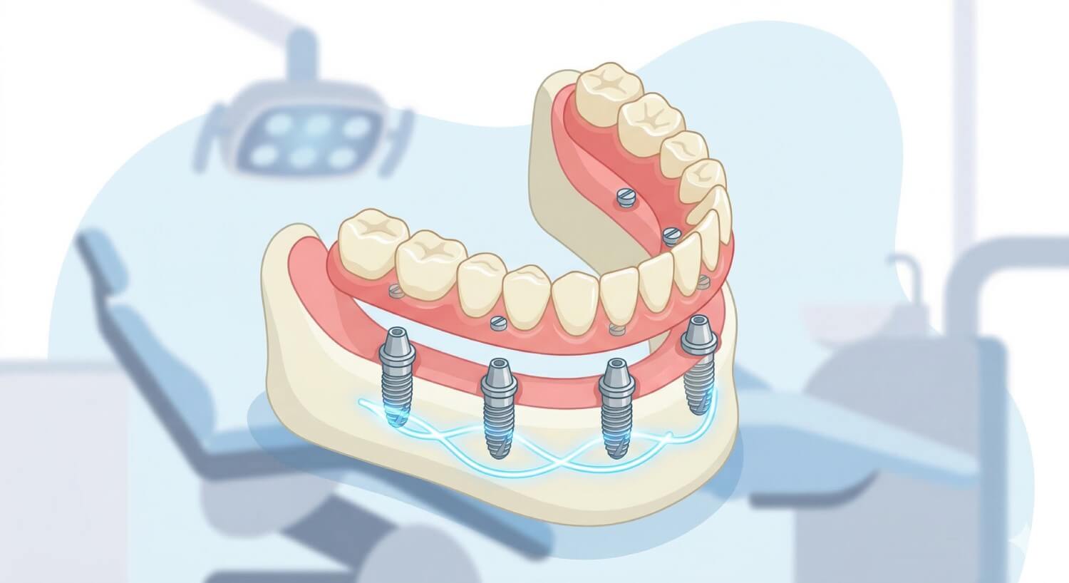 Ilustração digital em 3D mostrando o encaixe de uma prótese protocolo fixa sobre quatro implantes dentários na clínica Ferdinand Odontologia, Tijuca, RJ