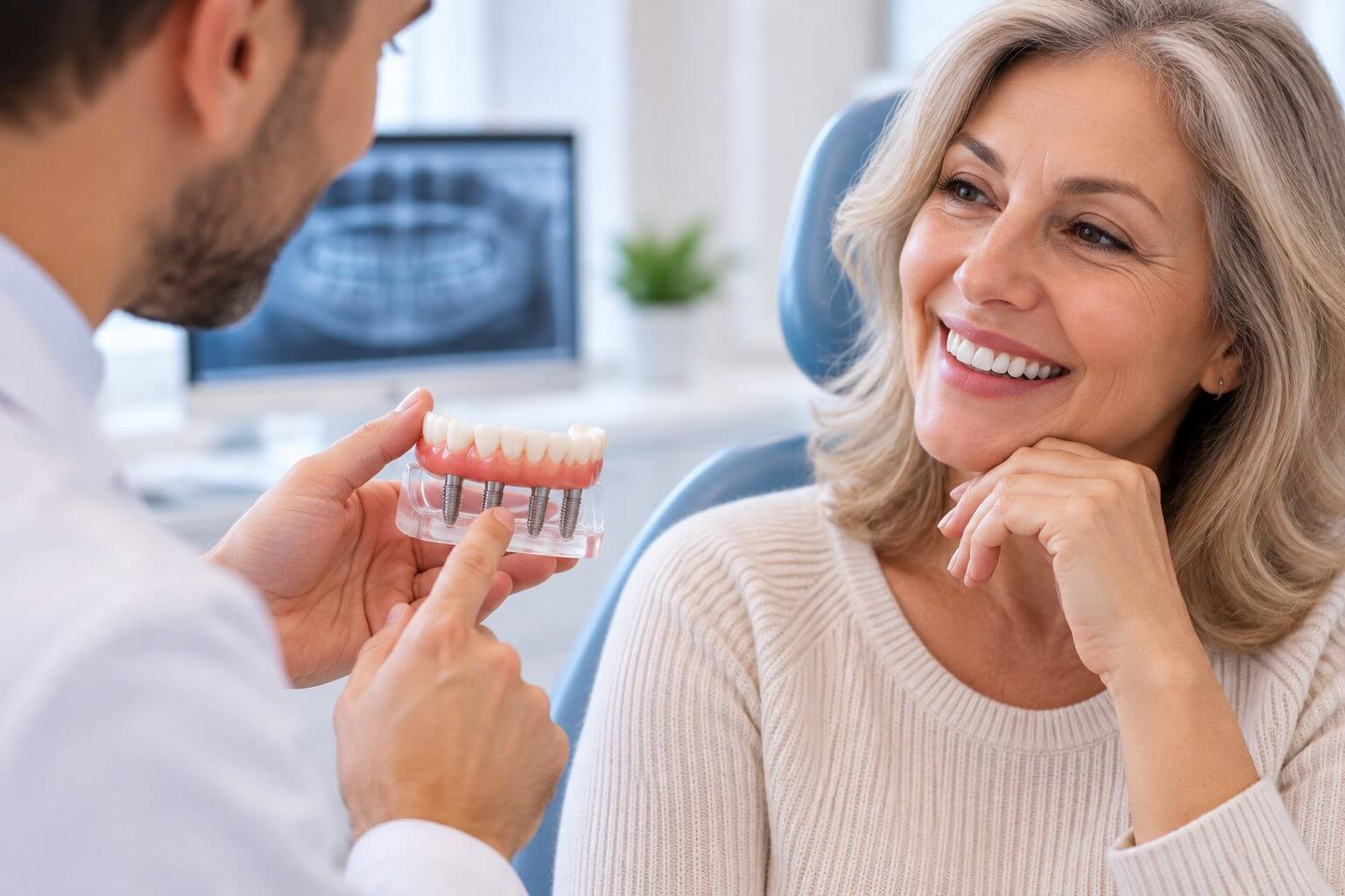 Dentista explica modelo de prótese protocolo sobre implantes para paciente sorridente na Ferdinand Odontologia na Tijuca.
