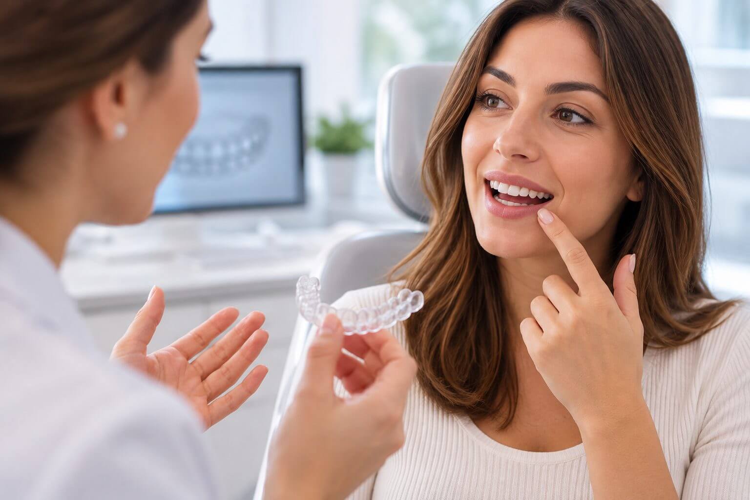 Dentista mostra alinhadores invisíveis para paciente sorridente na Ferdinand Odontologia no Tijuco, RJ, explicando sobre manchas.